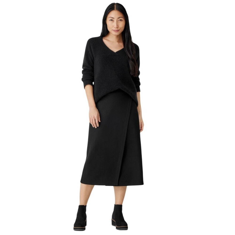 Eileen Fisher Boiled Wool Jersey Wrap Skirt Size S NWT Black A-Line Lantern